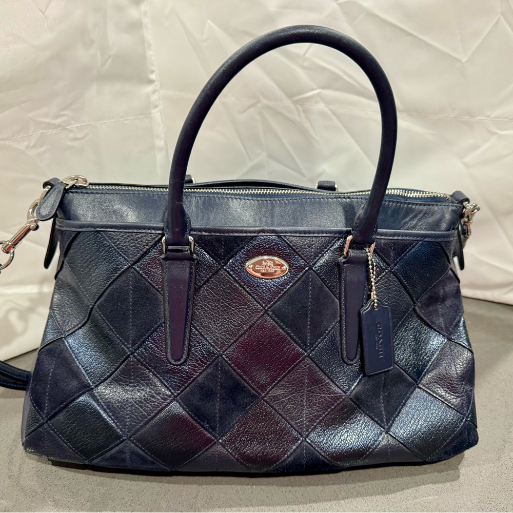 COACH MORGAN PATCHWORK SATCHEL BAG PURSE F36698 NAVY BLUE